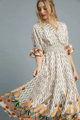 Umgee Printed Smocked Waist Flounce Sleeve Midi Dress OutfitFlow